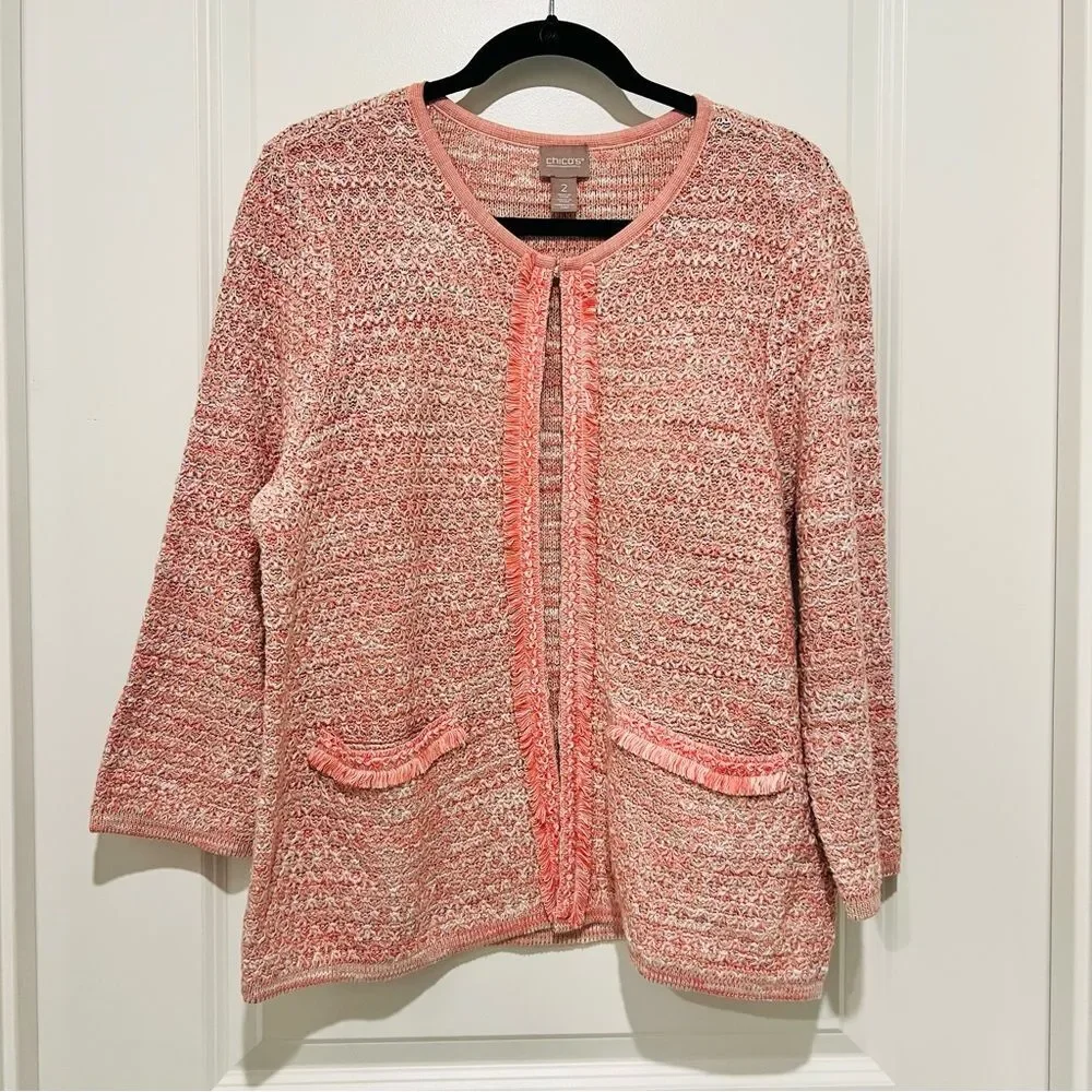 Chico’s Women’s Fringe Trim Pocket Cardigan in Pretty Pink Sz 2 (US L/12-14) NWT - Picture 2 of 14